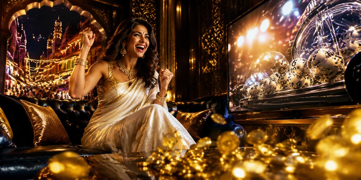 Bright scene depicting Indian lottery tickets and players in colorful sarees