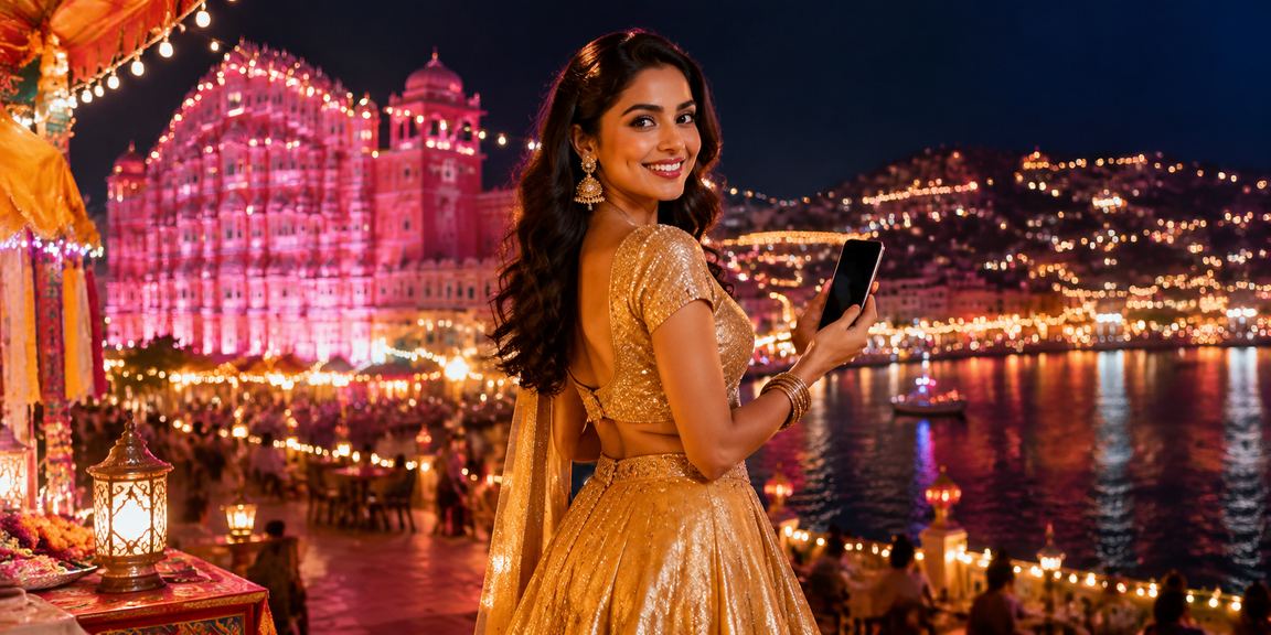 Jaipur Hawa Mahal with sports betting theme and lehenga dress